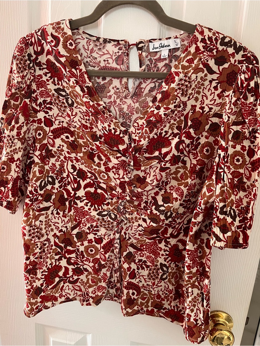 Sam Edelman Red & Brown Floral V-Neck Ruched Women's Boho Top